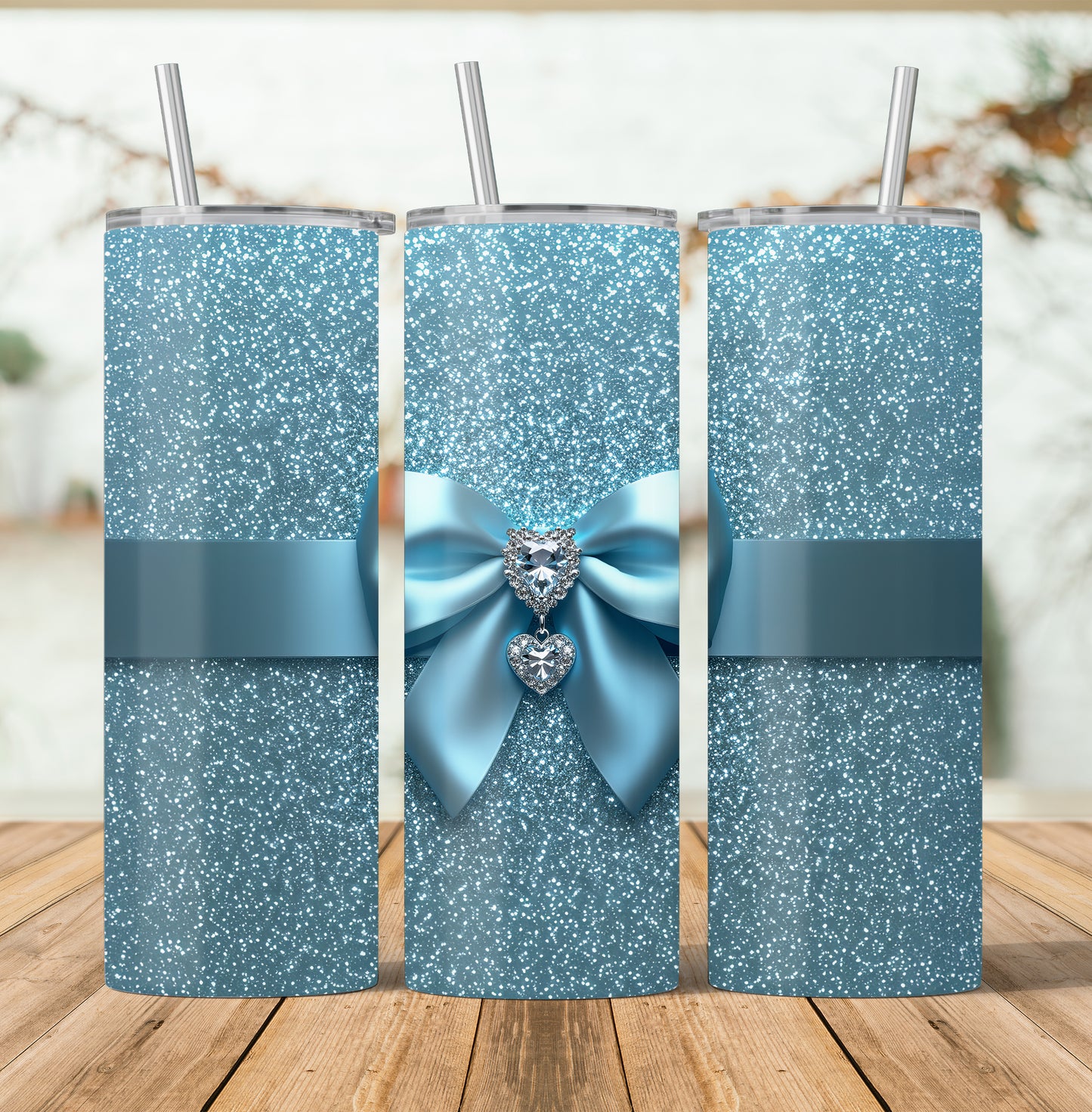 Bling Sparkle Coquette Bow and Jewels Glam Blue Teal Seamless Design 20 oz Skinny Tumbler