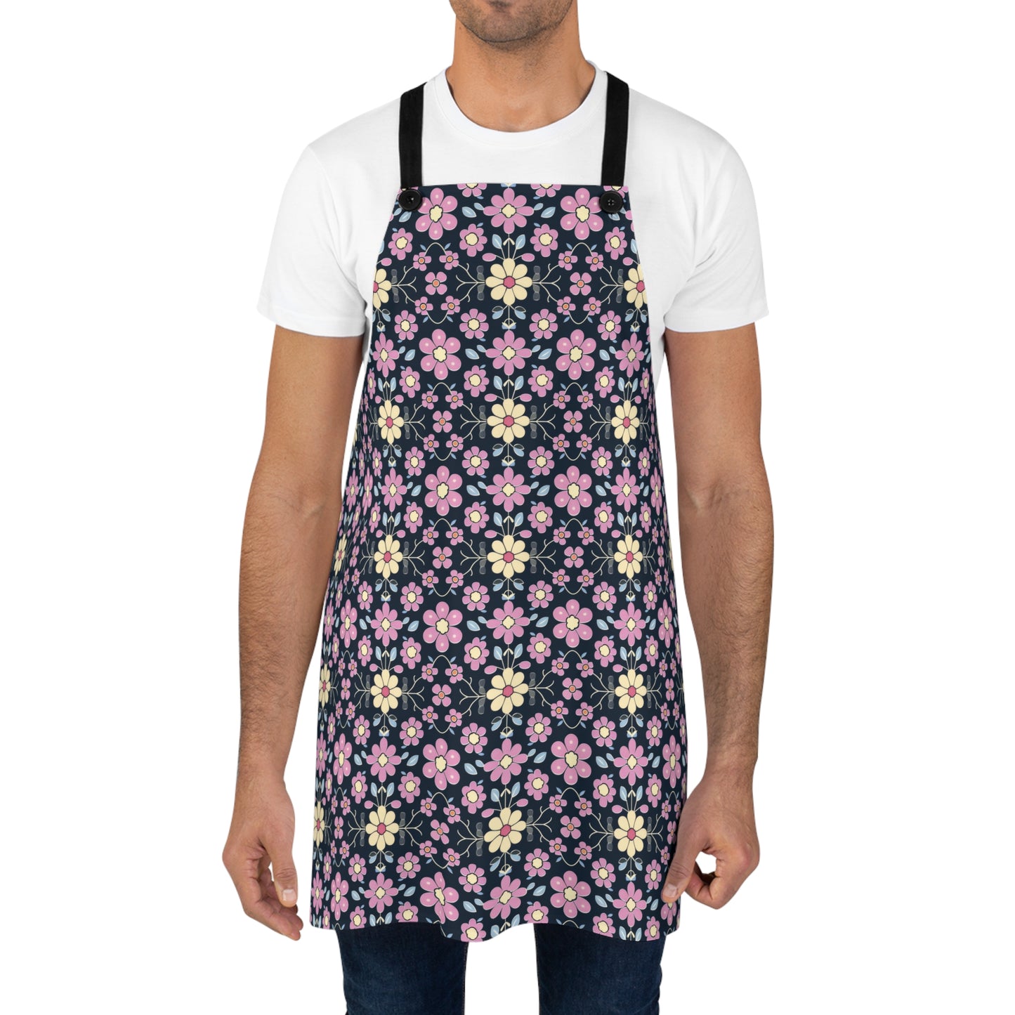 Charming Pastel Pink and Yellow Flowers on Navy Blue Background Kitchen Chef Apron