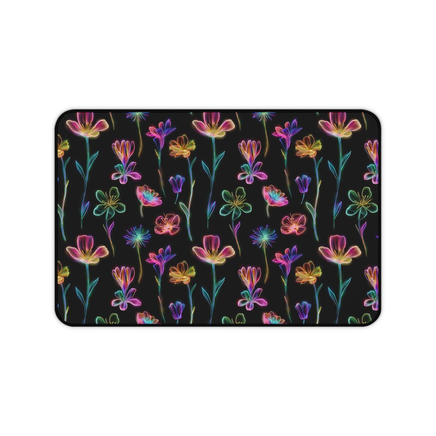 Neon Spring Flowers Deskmat , Floral Dark Desk Decoration, Floral Large Mousepad, Gaming Desk Mat, Desktop Accessory