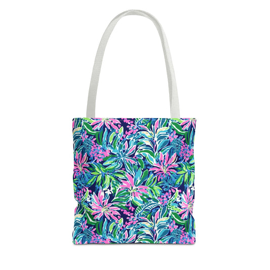 Seaside Blossoms: Coastal Spring Flowers in Pink, Green, and Navy Watercolors Canvas Tote Bag 3 Sizes