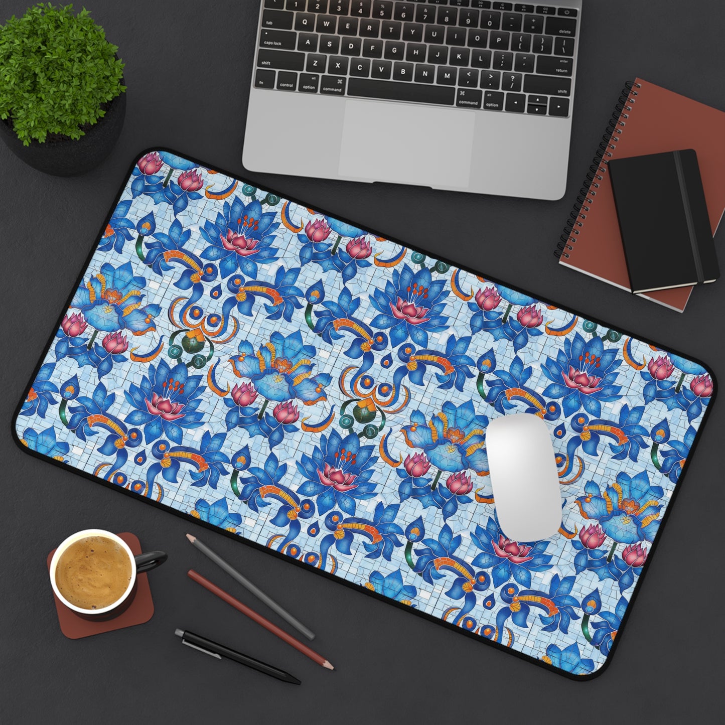 Majestic Mosaic Blossoms Vibrant Blue and Pink Floral Tile Design Extended Gaming Mouse Pad  Desk Mat  - 3 Sizes