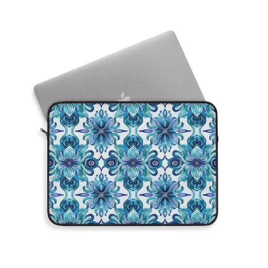 Blossom Symphony of Blue Teal Intricate Floral Pattern Laptop or Ipad Protective Sleeve 3 Sizes Available