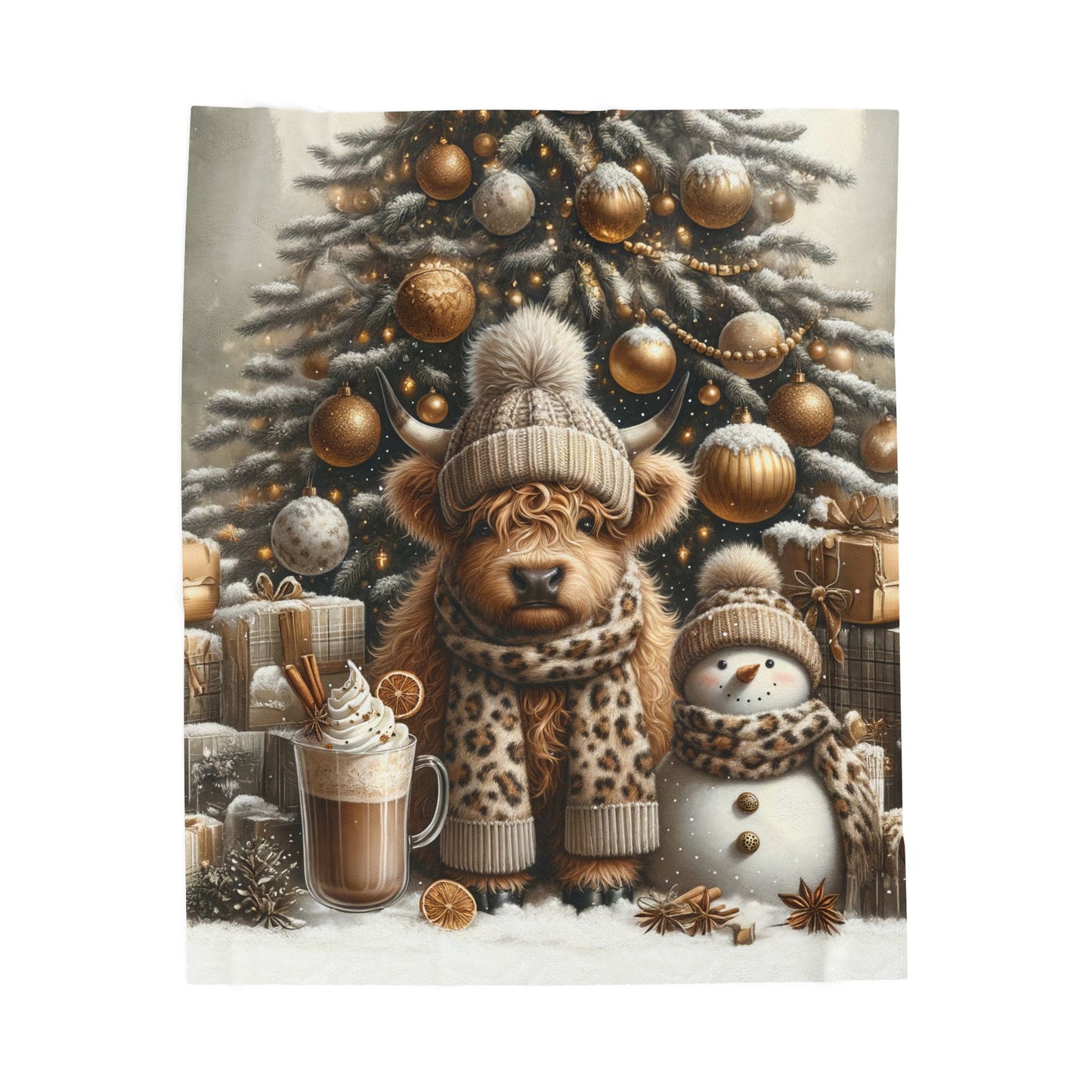 Cute Baby Highland Cow Christmas Trees Presents Leopard Velveteen Plush Blanket 3 Sizes