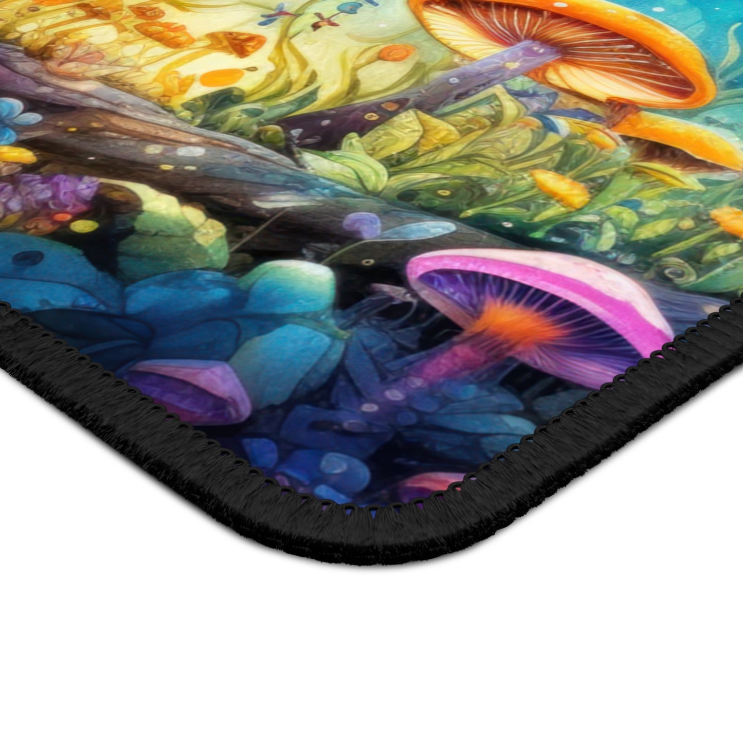 Fantasy Neon Midnight Mushroom and Flower Garden Gaming Mouse Pad with Finished Edges