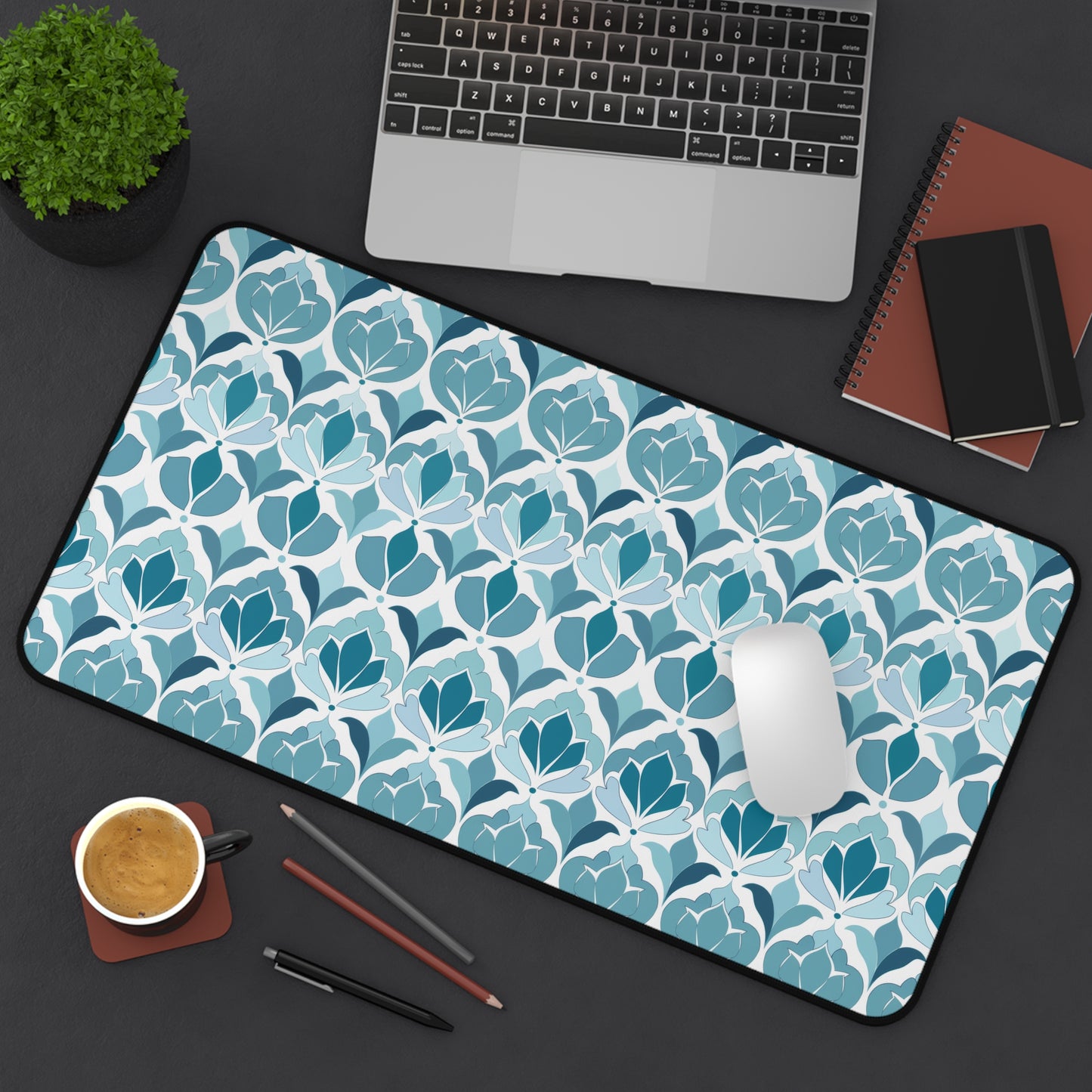 Serene Floral Pattern in Shades of Aqua and Teal, Forming Graceful Botanical Motifs Extended Gaming Mouse Pad  Desk Mat  - 3 Sizes