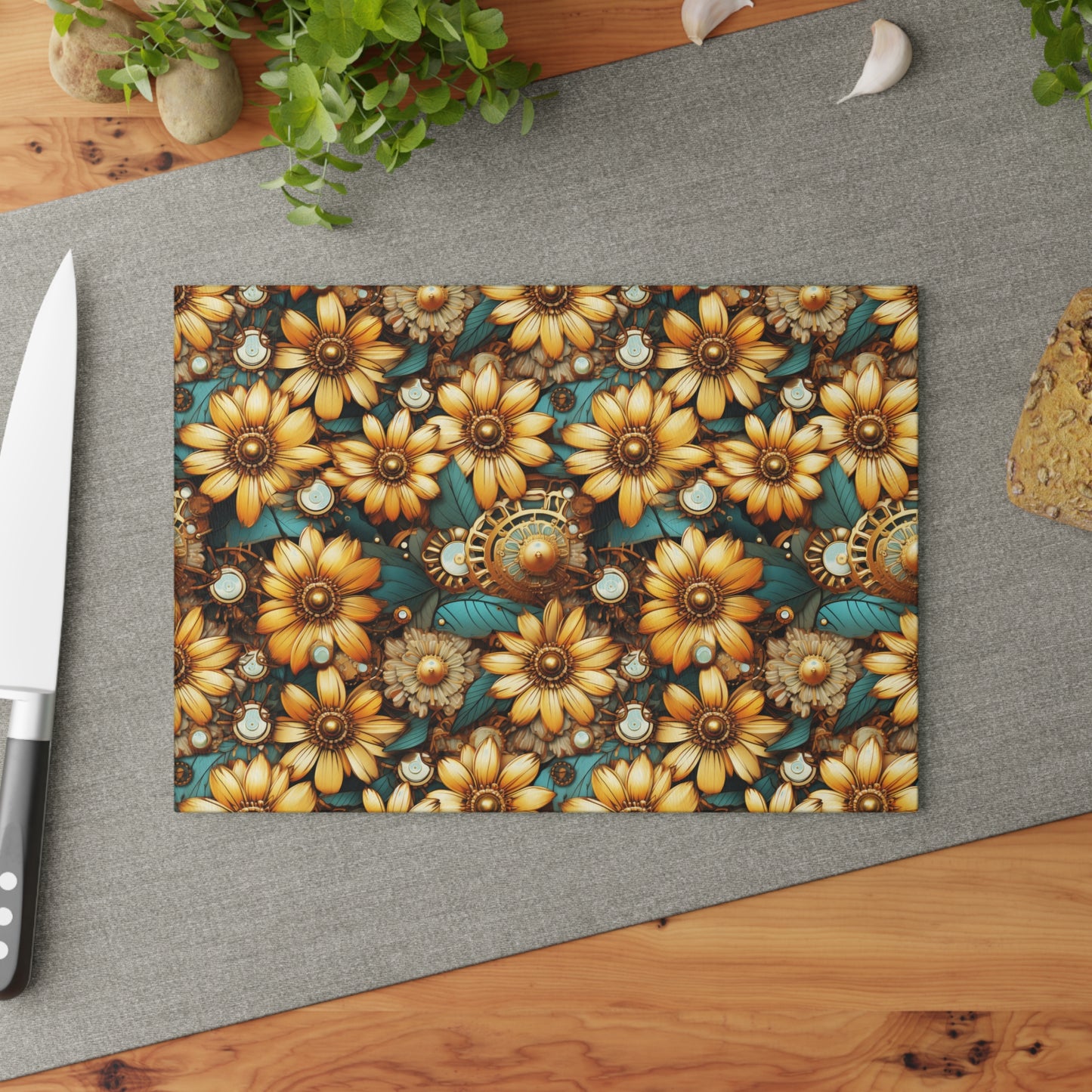 Victorian Steampunk Gold Flowers Teal Background with Gears and Mechanical Elements - Glass Cutting Board  8" x 11" and 11" x 15"