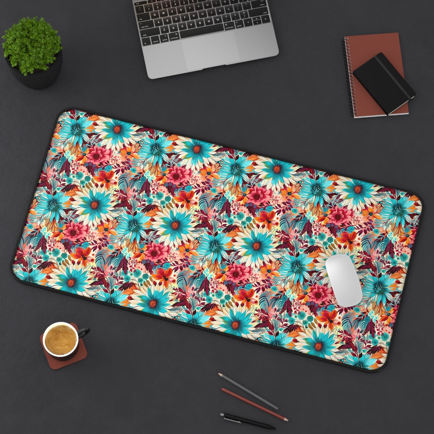 Floral Explosion of Pinks, Teals and Oranges on a Soft Cream Canvas Extended Gaming Mouse Pad Desk Mat - 3 Sizes