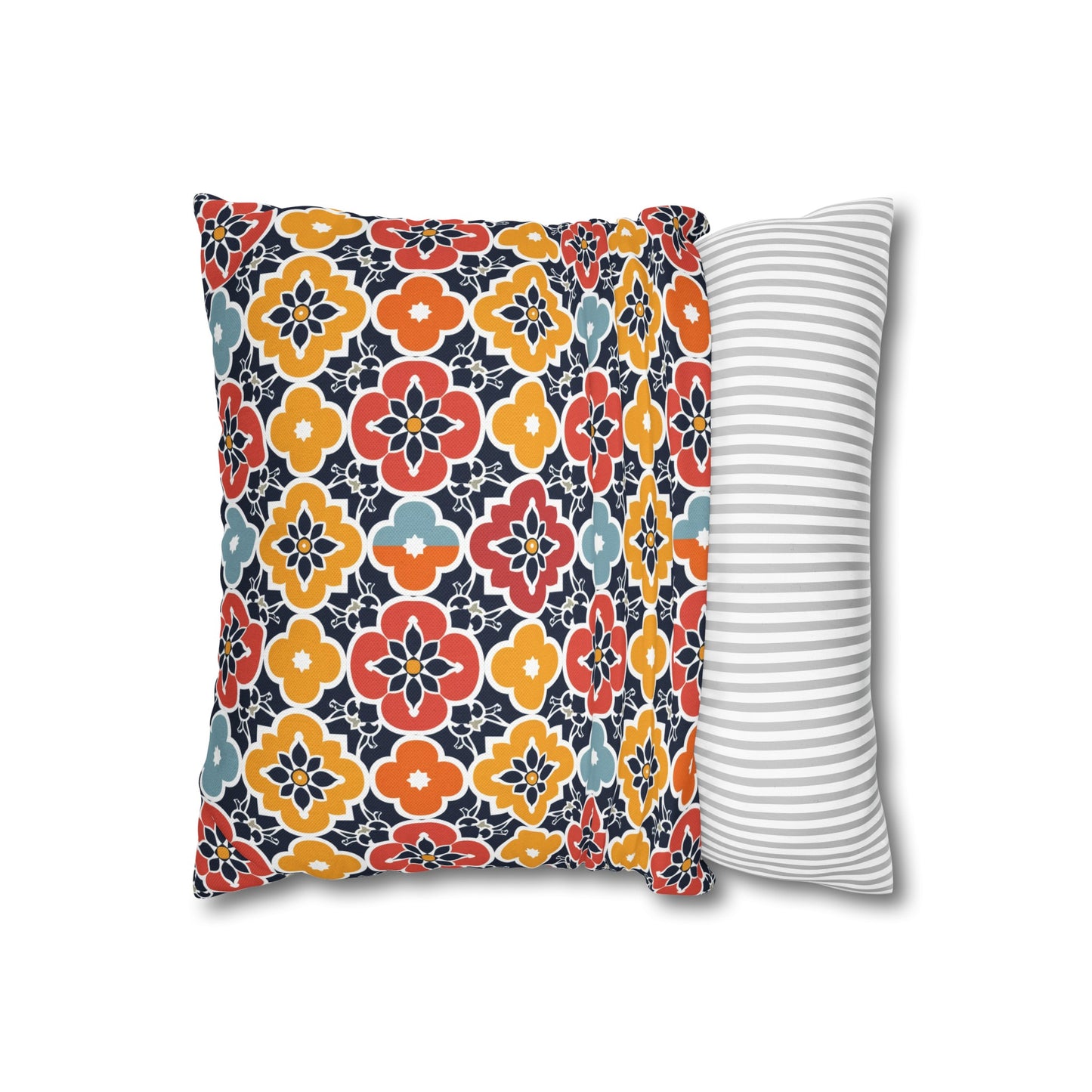 Vibrant Moroccan Orange, Gold and Blue Tile Pattern Spun Polyester Square Pillowcase 4 Sizes