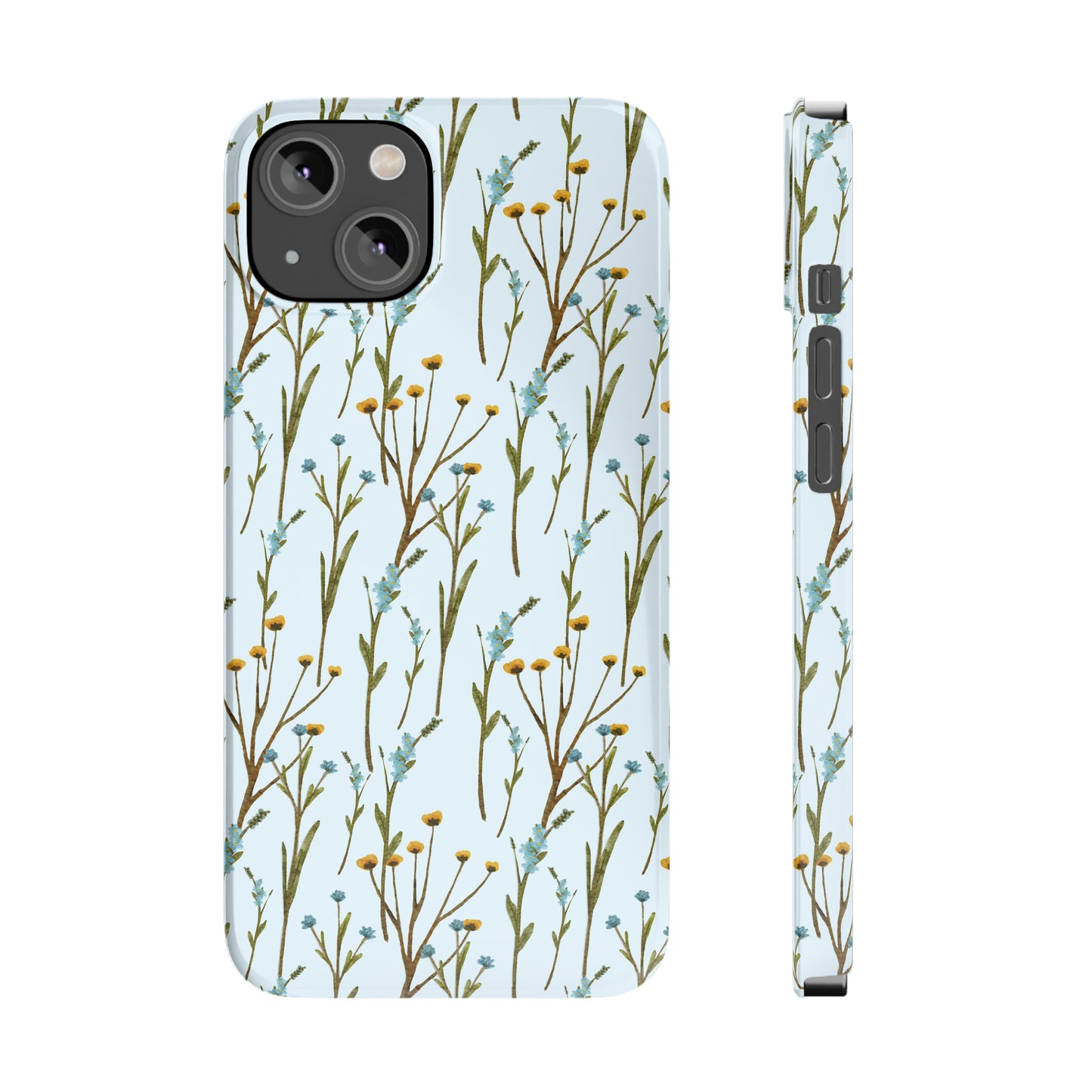 Delicate Blue and Yellow Wildflowers on a Light Blue Background Design Iphone 15-12 Slim Phone Case