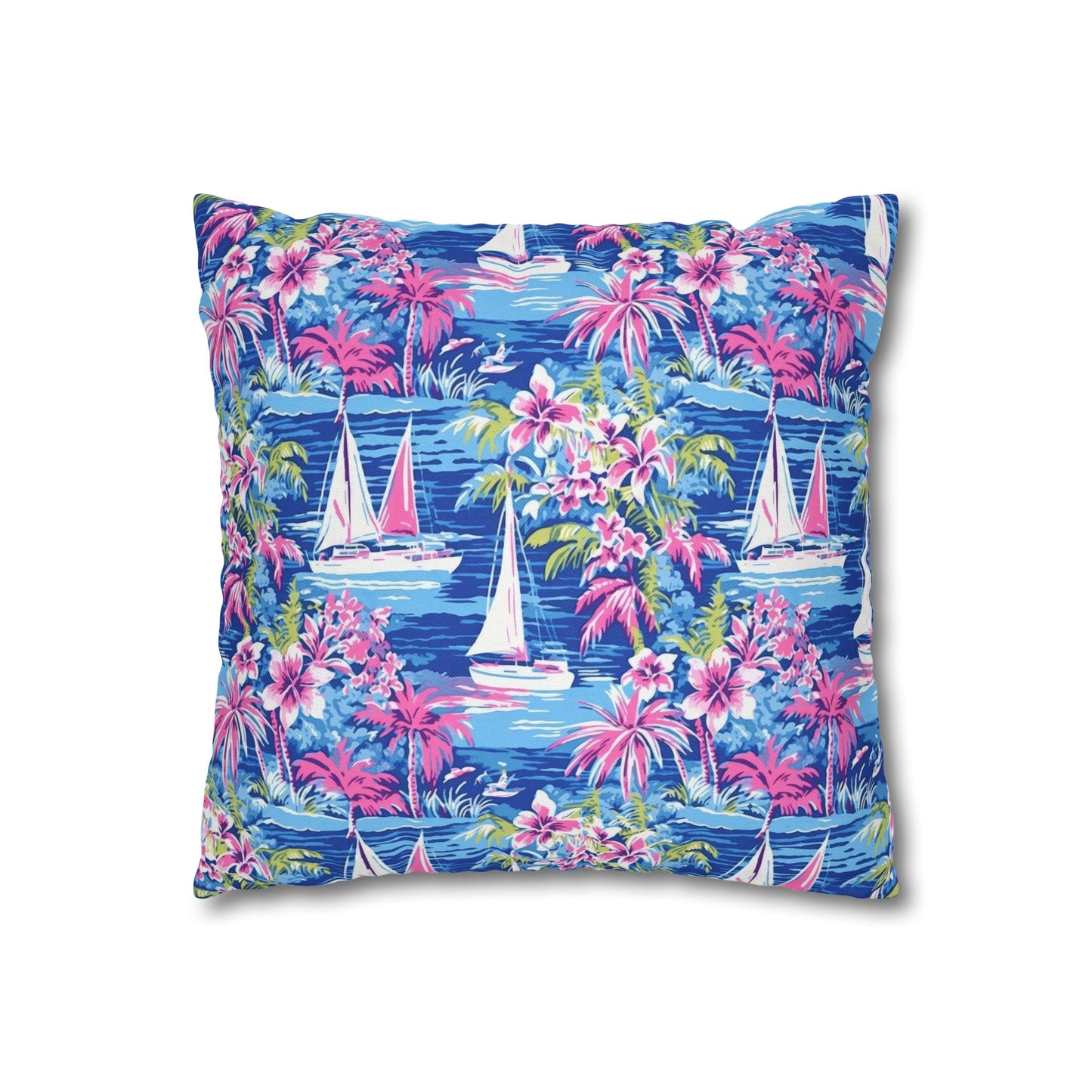 Sailing Tropics: Watercolor Sailboats Amidst Ocean Waves, Tropical Flowers, and Palm Trees Spun Polyester Square Pillowcase 4 Sizes