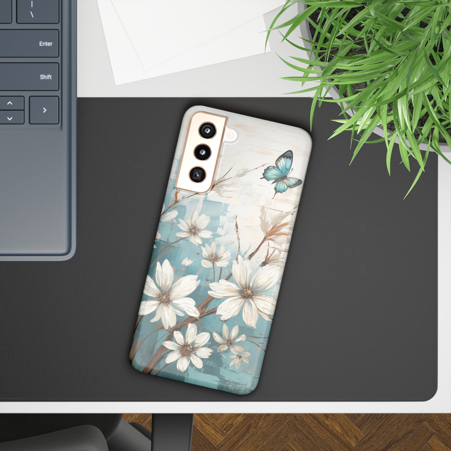 Rustic Farmhouse White and Teal Wild Daisies and Butterflies Samsung Slim Cases