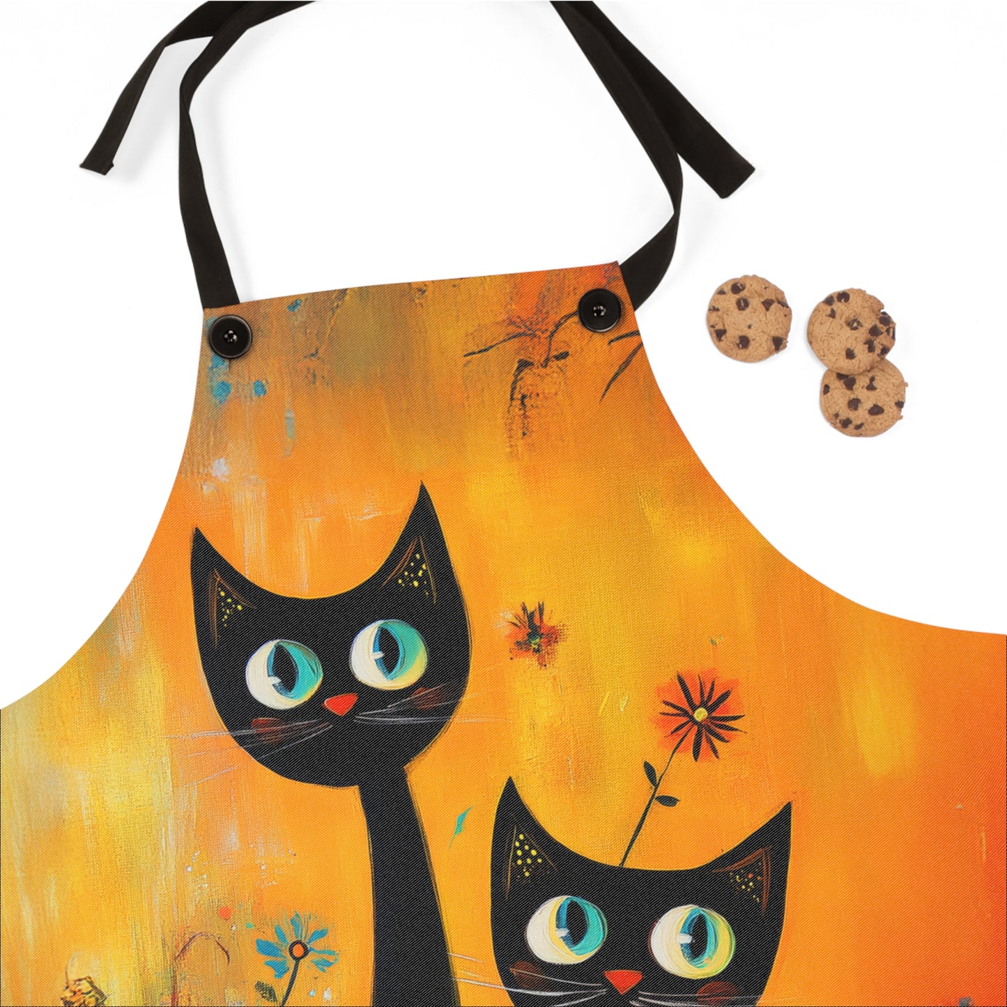 Playful Black Cats in a Vibrant Flower Garden Kitchen Chef Apron