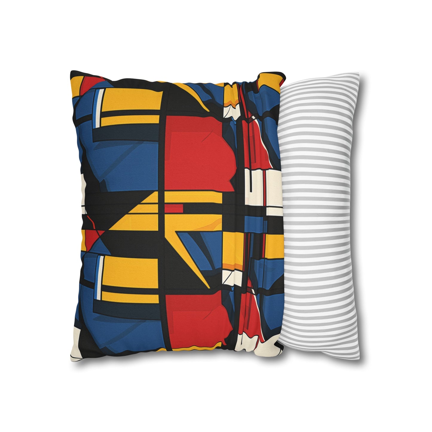 Mondrian-Inspired Bold Primary Colors and Black Lines Abstract Spun Polyester Square Pillowcase 4 Sizes