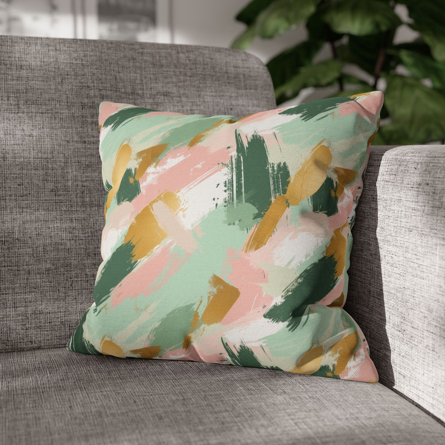 Spring Brushstrokes Abstract in Light Green, Pink, and Gold Spun Polyester Square Pillowcase 4 Sizes