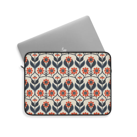 Vintage Charming Danish Floral Pattern of Red and Navy Blue Flowers Laptop or Ipad Protective Sleeve 3 Sizes Available