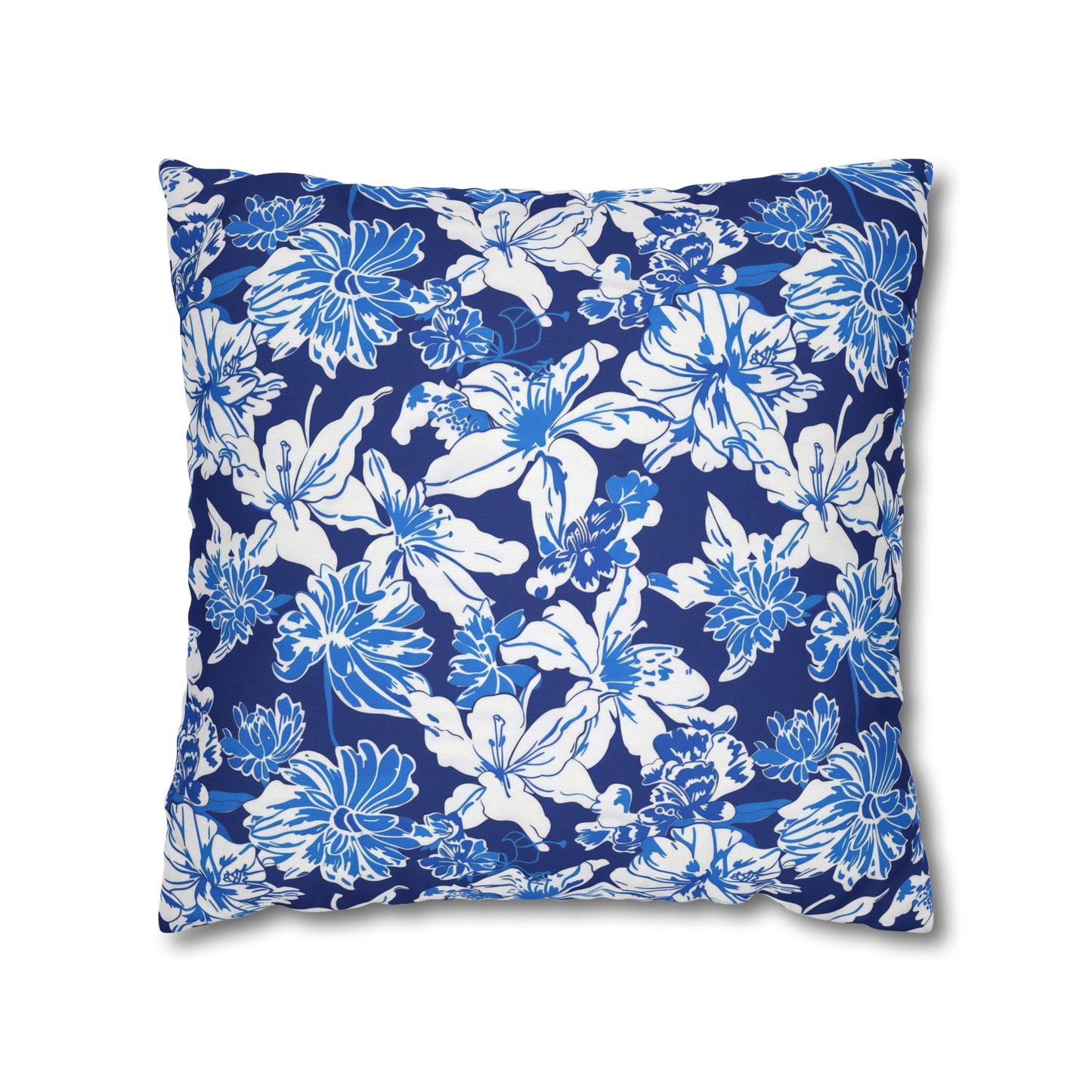 Oceanic Bloom: Watercolor Tropical Flowers in White and Blue against a Deep Blue Background Spun Polyester Square Pillowcase 4 Sizes