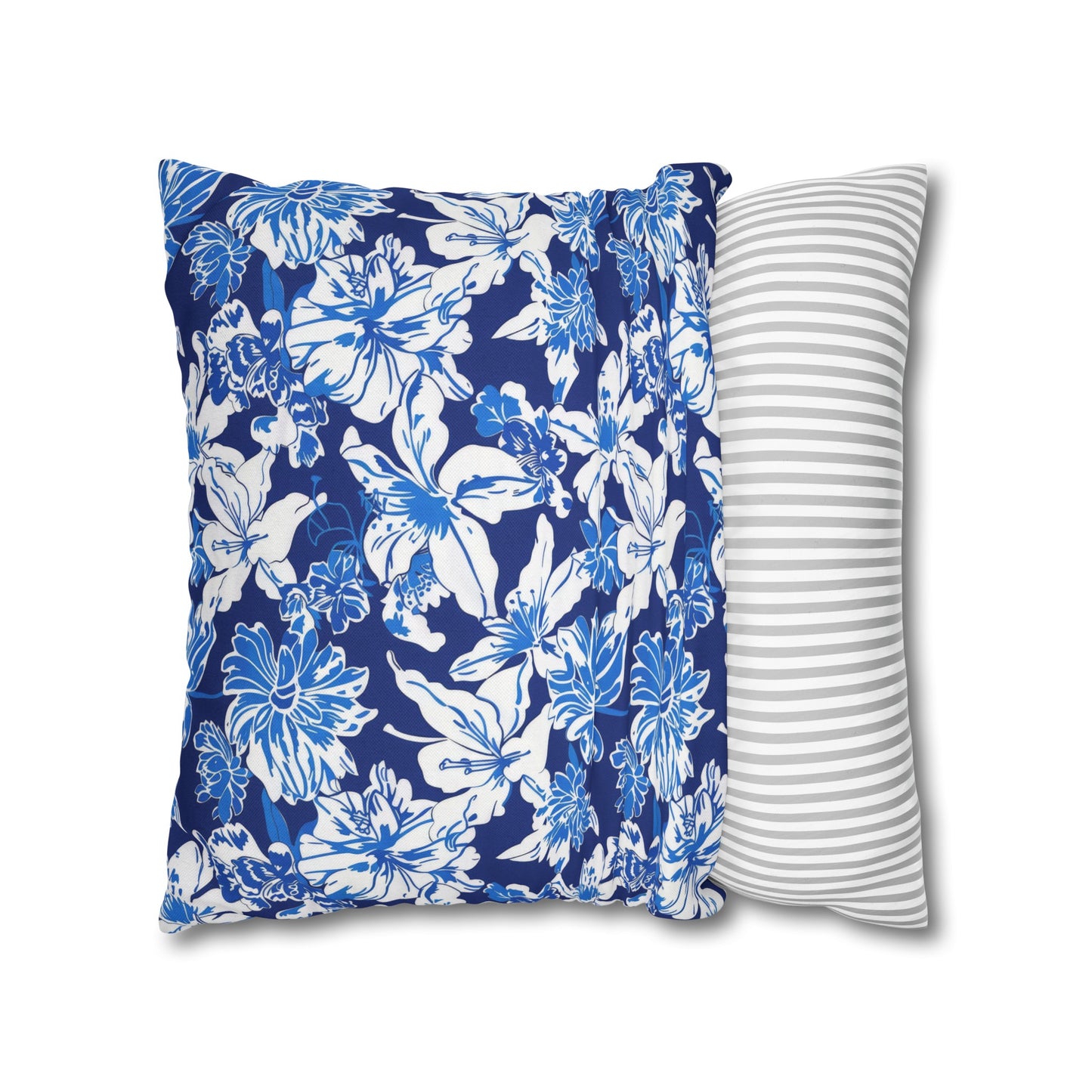 Oceanic Bloom: Watercolor Tropical Flowers in White and Blue against a Deep Blue Background Spun Polyester Square Pillowcase 4 Sizes