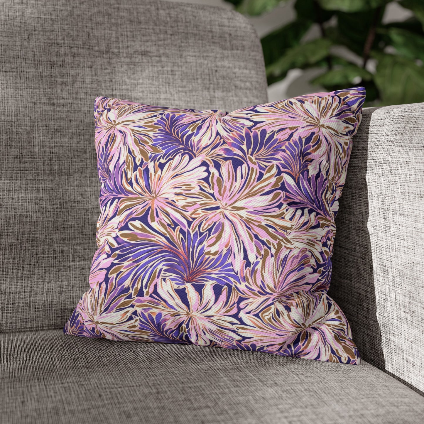 Gilded Blooms: Purple, Pink, and Gold Abstract Watercolor Flowers Spun Polyester Square Pillowcase 4 Sizes