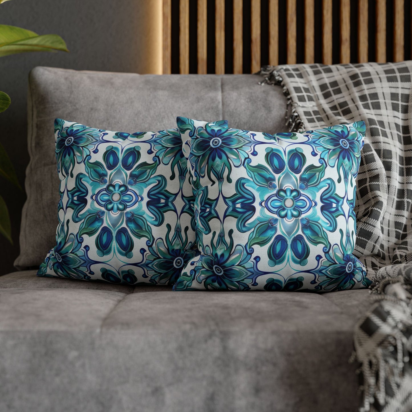 Exquisite Blue Lotus Elegance Floral Mosaic Design Spun Polyester Square Pillowcase 4 Sizes