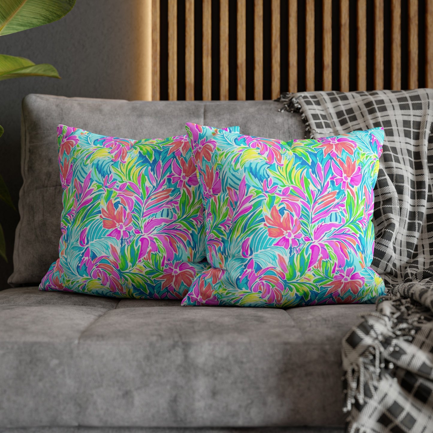 Neon Tropics: Vibrant Rainbow Flowers and Palm Leaves in Electric Splendor Spun Polyester Square Pillowcase 4 Sizes