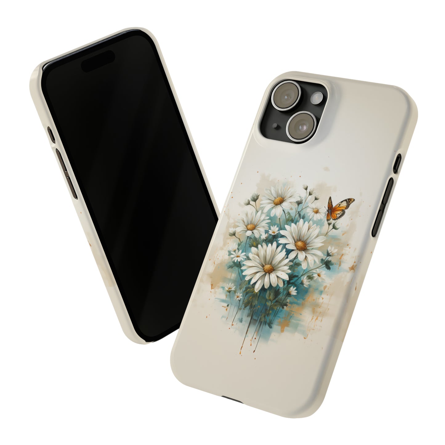 Rustic Farmhouse Teal and White Wild Daisies and Butterflies Iphone 15-12 Slim Phone Case