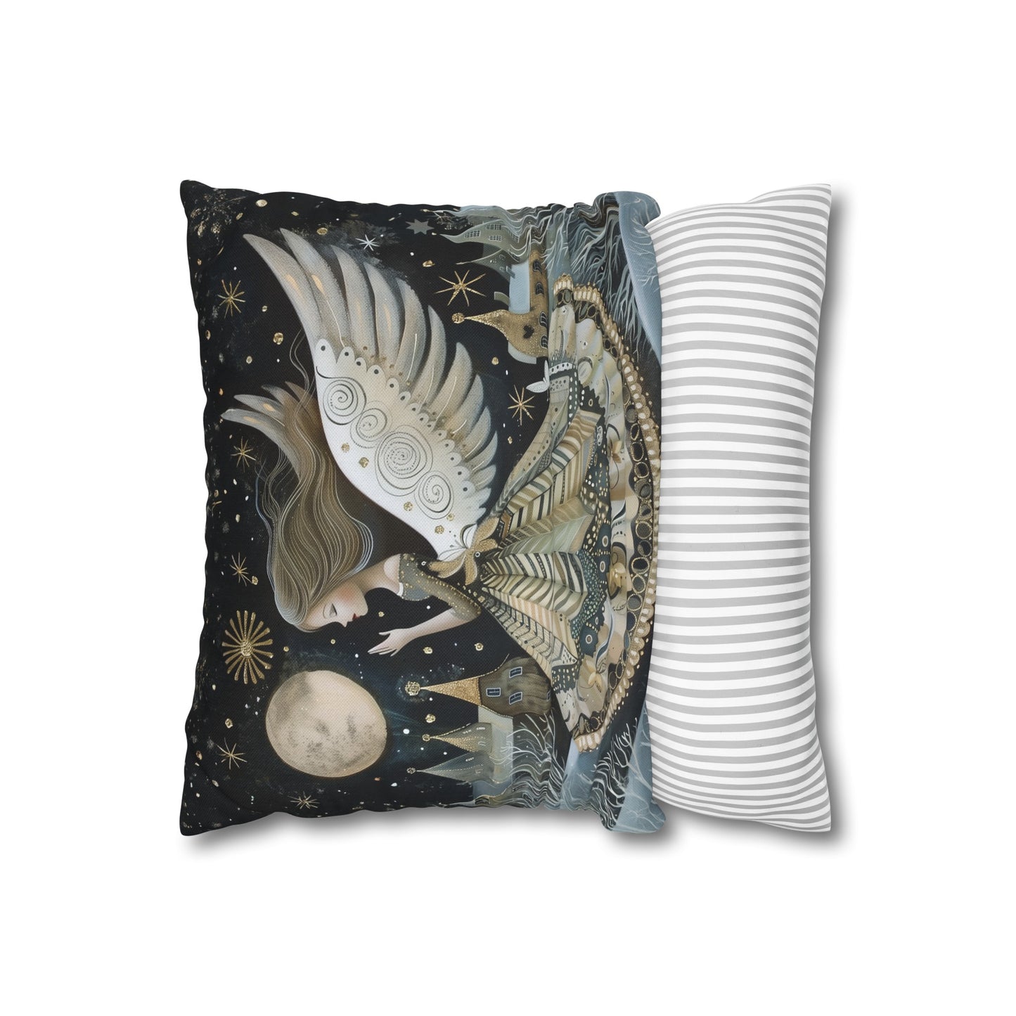 Frosty Angelic Glow: Angel Illuminated by Moonlight on a Snowy Night Spun Polyester Square Pillowcase 4 Sizes