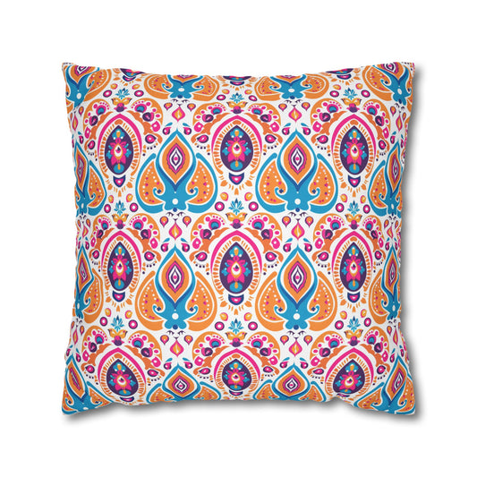 Bohemian Rhapsody Exquisite & Colorful Boho Pattern of Bold Hues of Blue, Pink, and Orange Polyester Square Pillowcase 4 Sizes