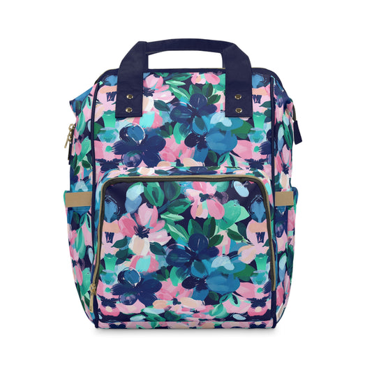 Tranquil Blooms: Muted Blue, Pink, and Green Watercolor Flowers Multifunctional Diaper Backpack