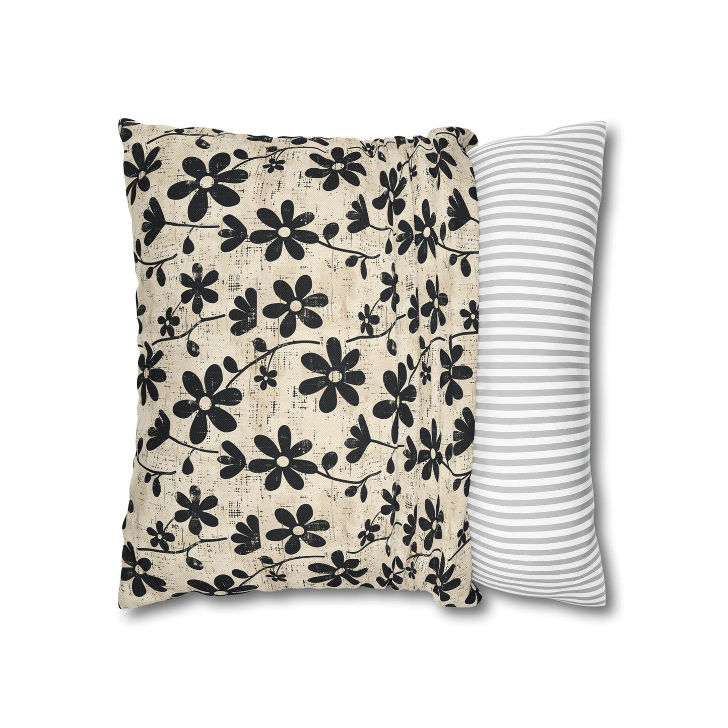 Distressed Black Floral on Beige Background Spun Polyester Square Pillowcase 4 Sizes