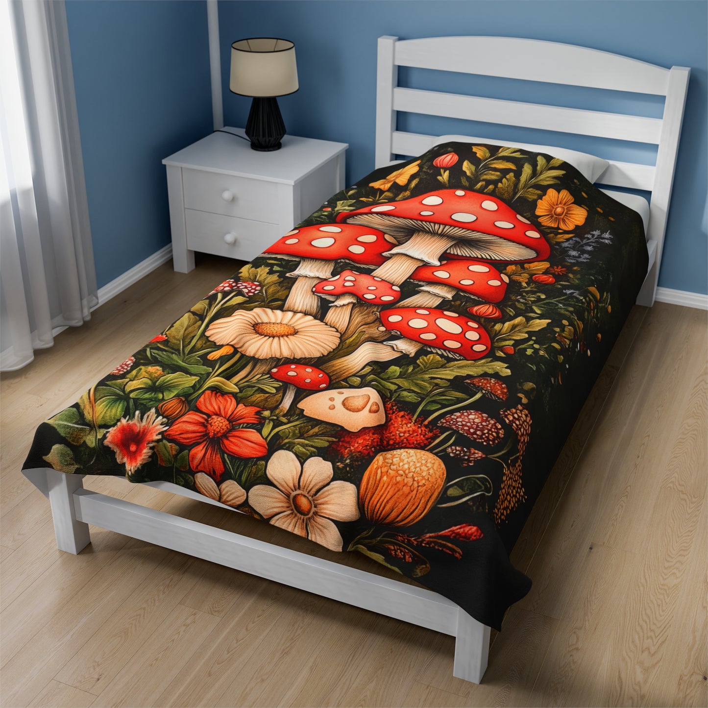 Lush Tapestry of Enchanted Forest Mushrooms Velveteen Plush Blanket 3 Sizes