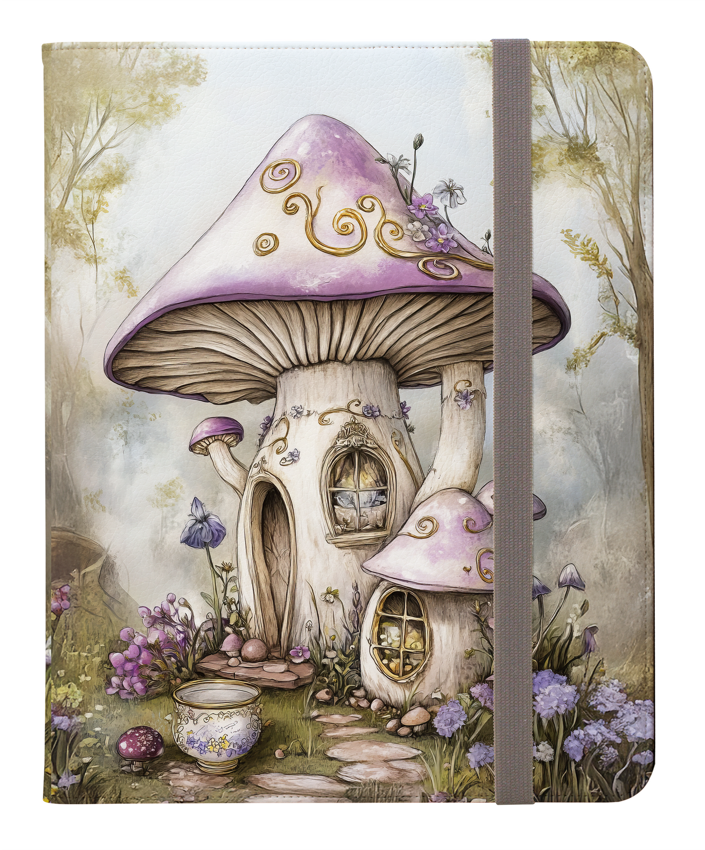 Lavender Mushroom Cottage Nestled in a Blooms of Enchantment Protective iPad Pro 11 & Pro 12.9 Protective Case and Pencil Holder