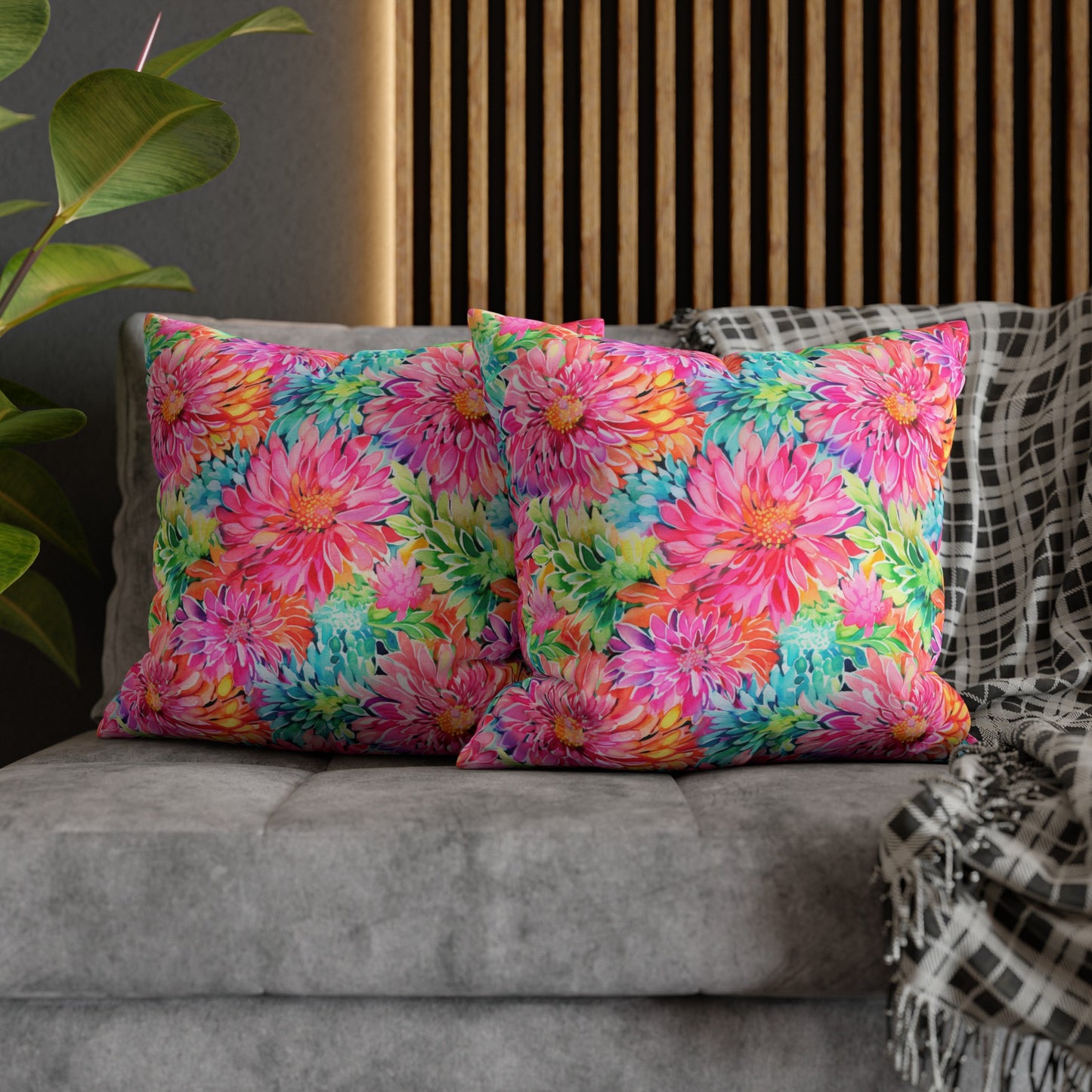 Blooming Spectrum: Large Vibrant Watercolor Flowers in Full Bloom Spun Polyester Square Pillowcase 4 Sizes