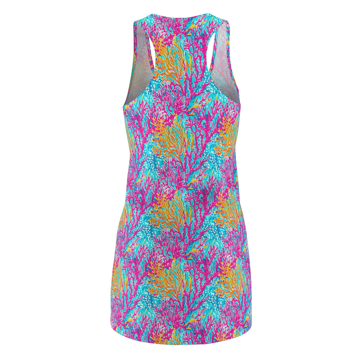 Coral Symphony: Bright Pink, Yellow, and Coral Dancing in the Blue Ocean Women's Racerback Dress XS - 2XL