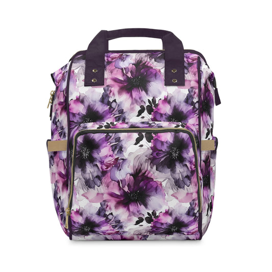 Regal Splendor: Large Purple and Grey Watercolor Flower Design Multifunctional Diaper Backpack