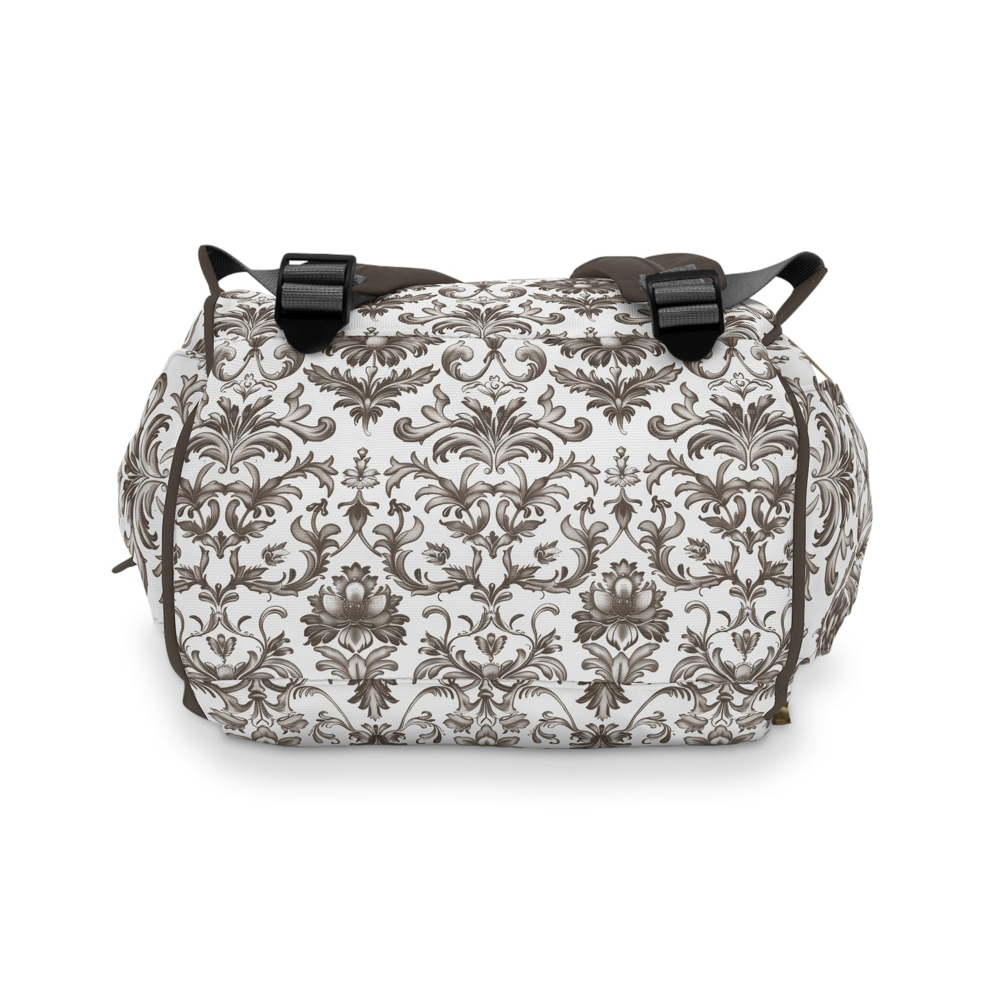 Timeless Rococo Elegance in Detailed Brown and White Floral Pattern Multifunctional Diaper Backpack