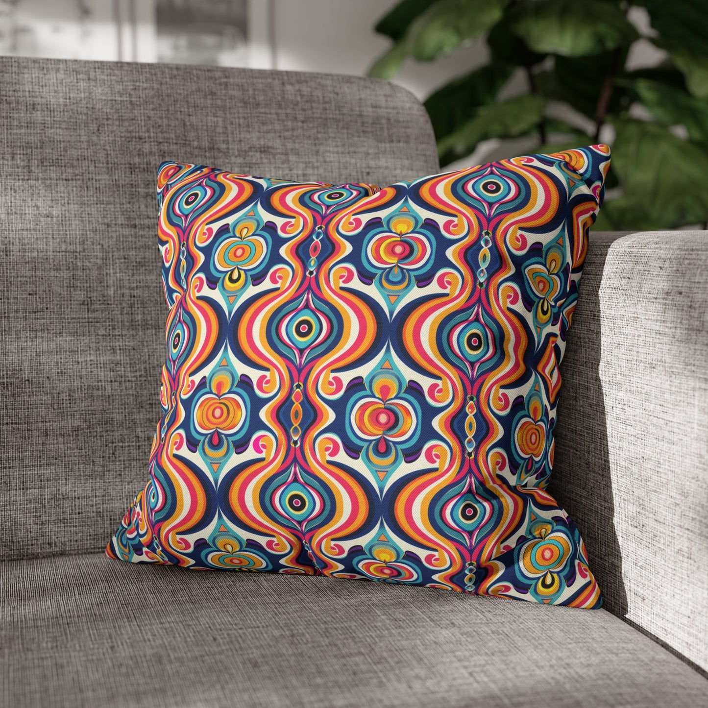 Vibrant Retro Waves with Colorful Geometric Pattern Spun Polyester Square Pillowcase 3 Sizes