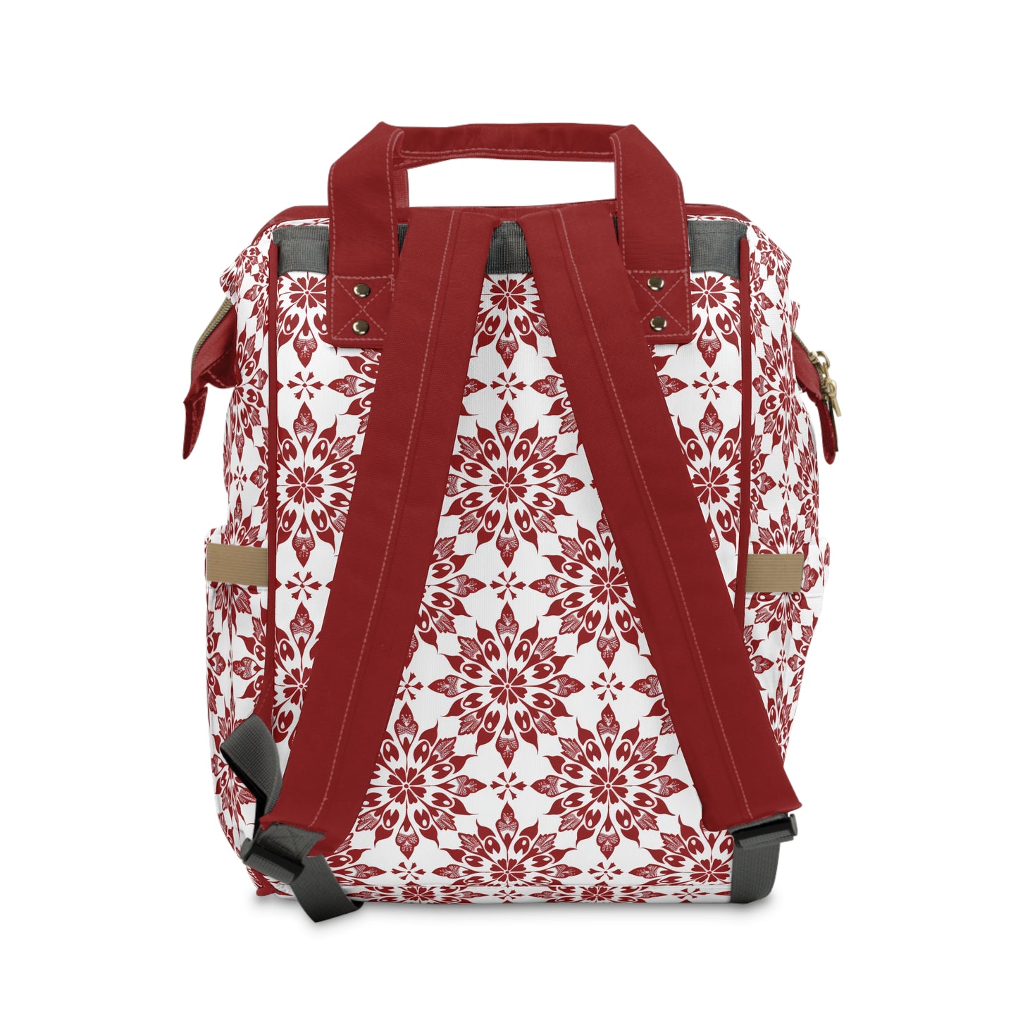 Vintage Radiance Ornate Red and White Floral Burst Pattern Multifunctional Diaper Backpack