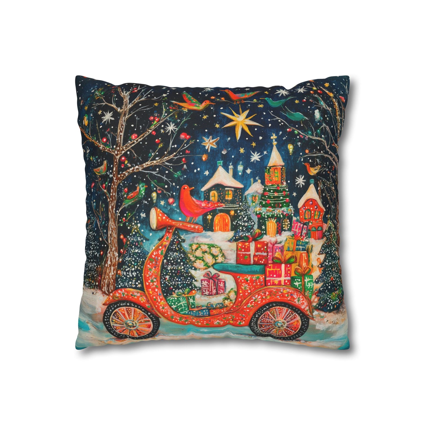 Yuletide Express Festive Scooter Filled with Gifts Spun Polyester Square Pillowcase 4 Sizes