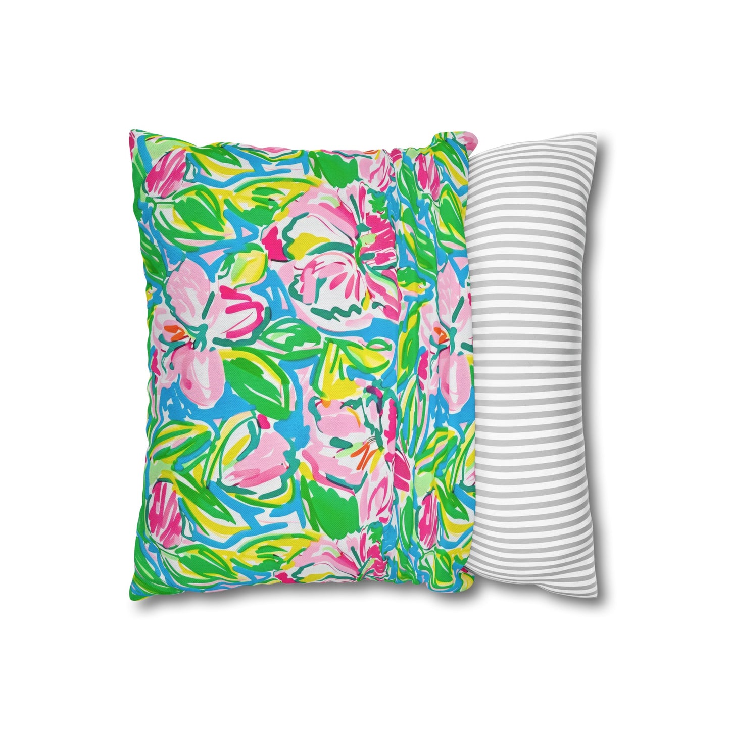 Whispering Meadows: Pink Blossoms, Lush Green Leaves, and Accents of Yellow and Blue Spun Polyester Square Pillowcase 4 Sizes