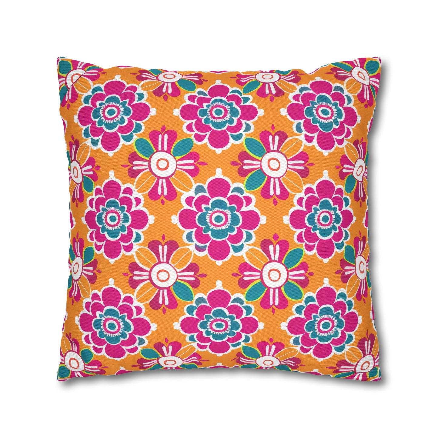 Array of Stylized Floral Motifs in Vivid Pink, Teal, and White Set Against a Warm Orange Backdrop Spun Polyester Square Pillowcase 4 Sizes