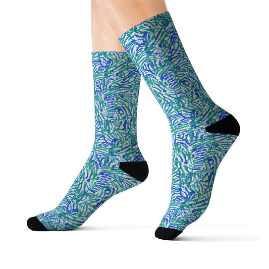 Tropical Fusion: Abstract Palm Leaves in Lime Green and Blue Hues Ribbed Crew Socks