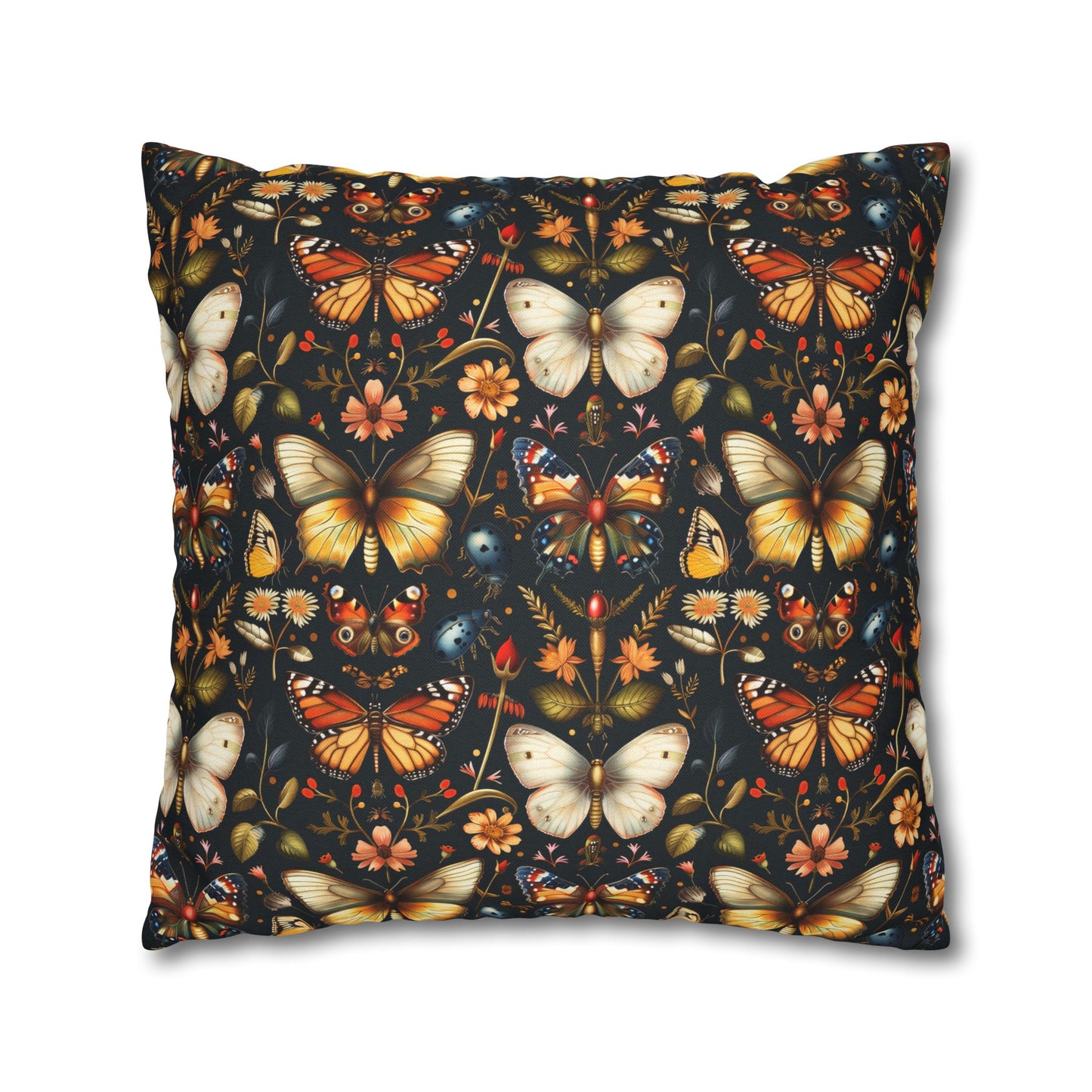 Enchanted Garden of Butterflies and Botanicals in Rich Autumn Hues on a Deep Night Background Polyester Square Pillowcase 4 Sizes