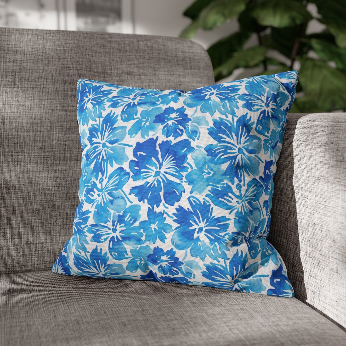 Tranquil Tropics: Soft Blue Tropical Flowers Spun Polyester Square Pillowcase 4 Sizes