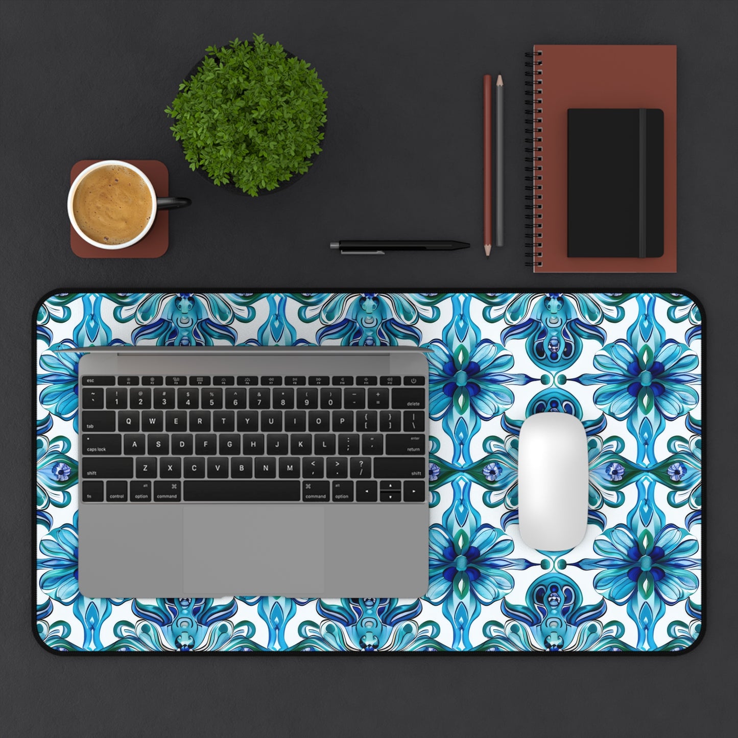 Vibrant Tapestry of Teal and Blue Flowers Extended Gaming Mouse Pad  Desk Mat  - 3 Sizes