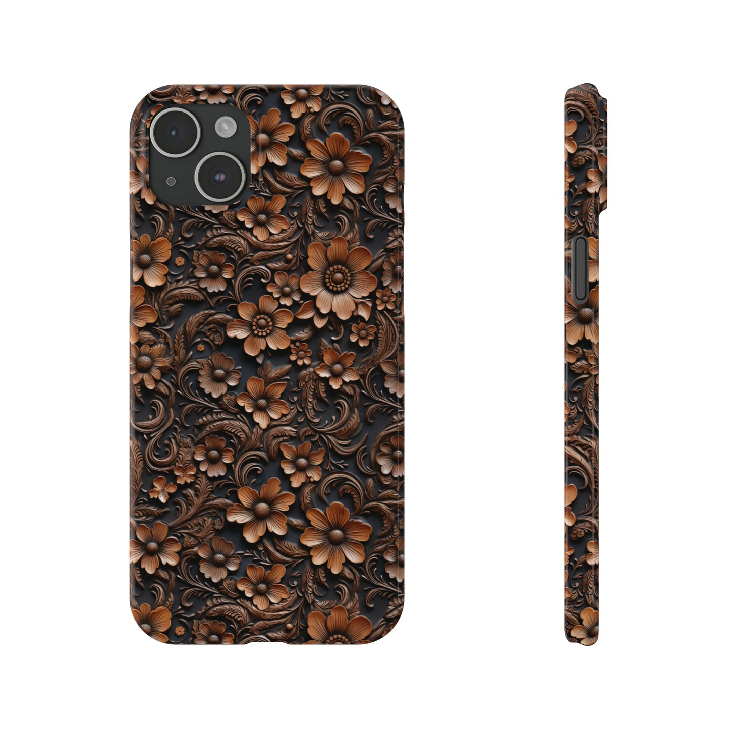 Tooled Deep Brown Leather Flowers Print Design Iphone 15-12 Slim Phone Case