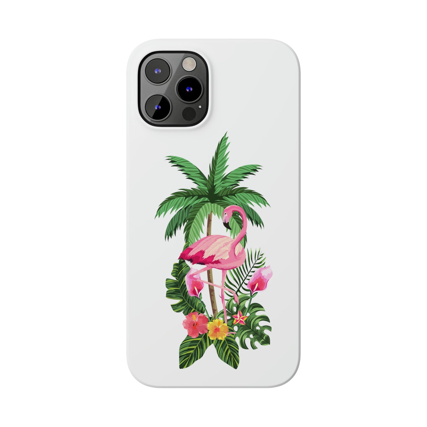 Tropical Pink Flamingo and Flowers White Background Iphone 15-12 Slim Phone Case