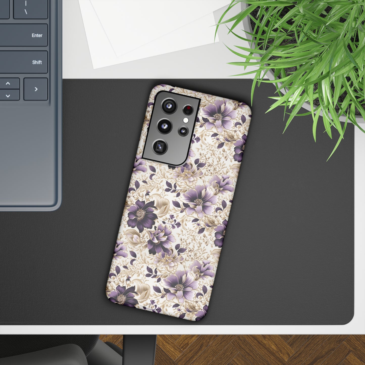 Purple Majesty: Watercolor Floral Design with Gold Foliage Accents Samsung Slim Cases