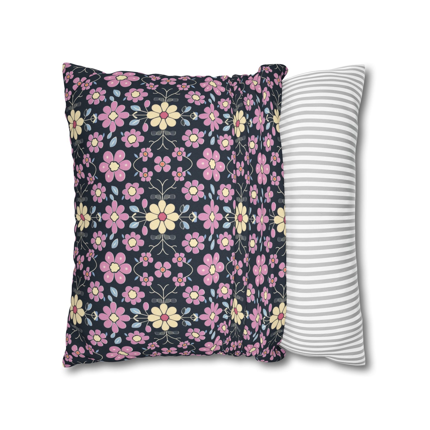 Charming Pastel Pink and Yellow Flowers on Navy Blue Background Spun Polyester Square Pillowcase 4 Sizes