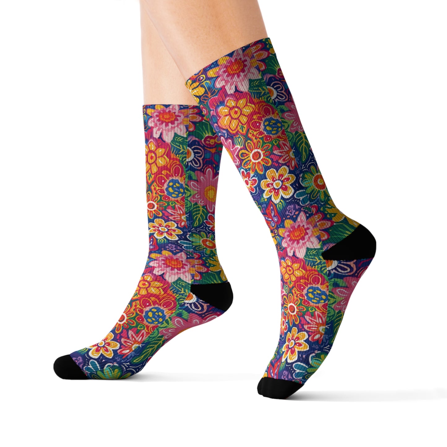 Fluttering Kaleidoscope: Vibrant Multicolor Flowers and Butterflies in Flight Ribbed Crew Socks