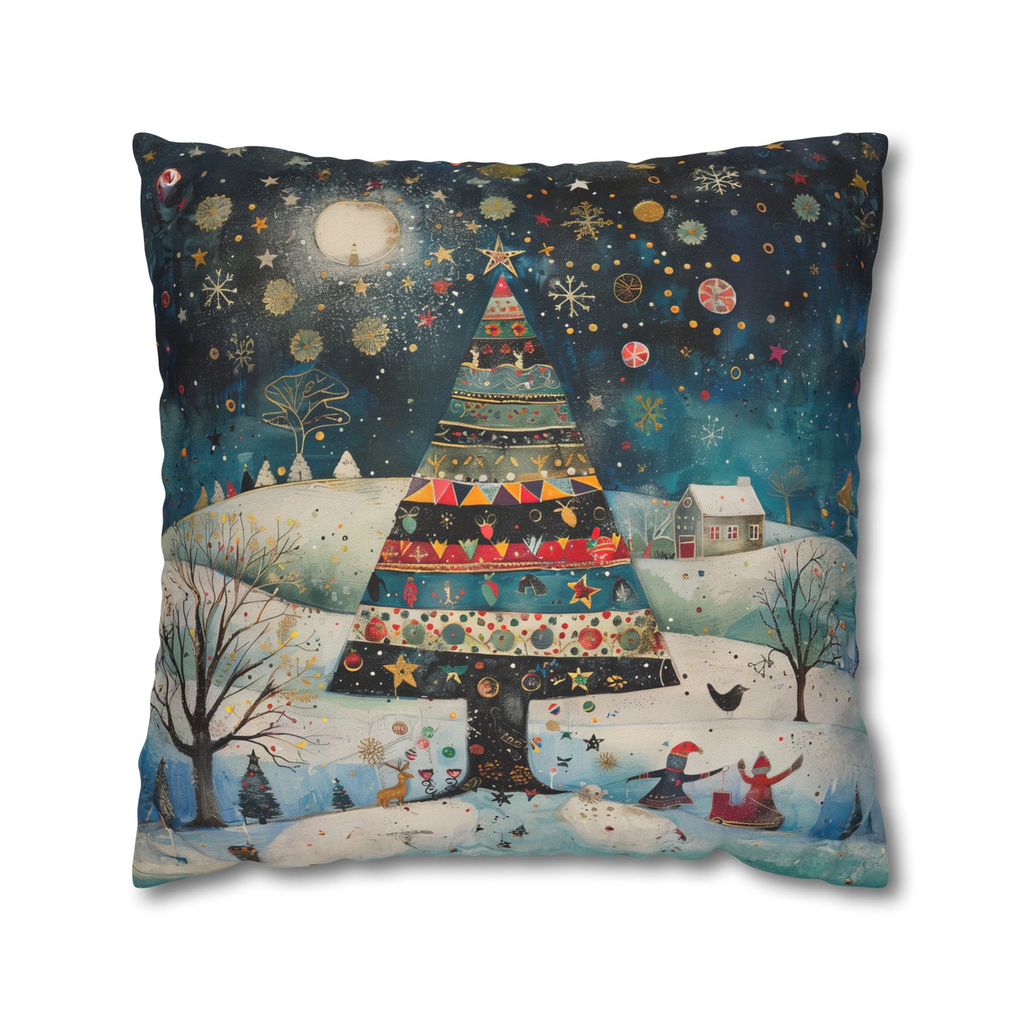 Nighttime Delights: Folk Art Christmas Tree Illuminating a Town, with Joyful Children Playing Below Spun Polyester Square Pillowcase 4 Sizes